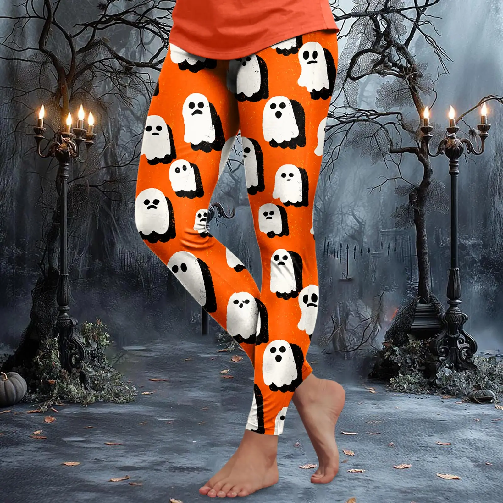 Leggings elásticos de Halloween para mujer, pantalones de Yoga para deportes al aire libre, cómodos y elegantes, pantalones creativos con estampado de fantasma de calabaza en 3D