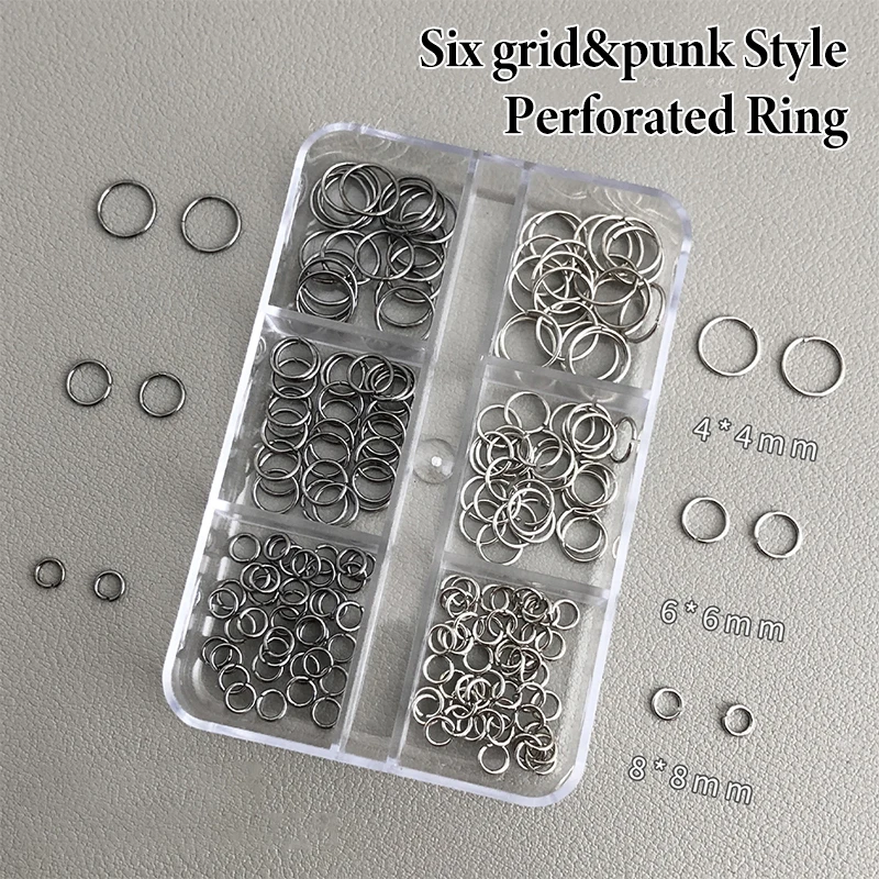 6 Grids Mix Punk Piercing Perforable Round Circle Ring White K Gun Black Alloy Nail Rhinestones Decorations Manicure Charms