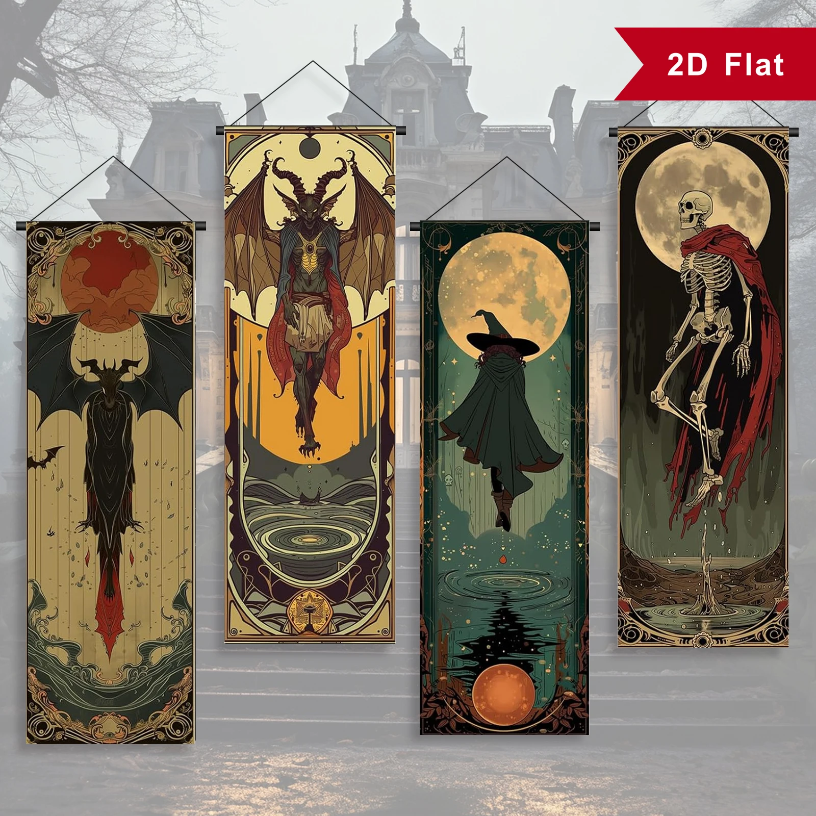 4 Stück Halloween-Dekorationsbanner, gruselige Fledermaus-Hexenumhang, Totenkopf-Dekor, Banner, Horror-Poster, Banner für drinnen und draußen, Ferienhaus