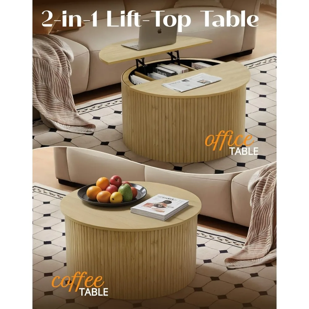 طاولة قهوة مستديرة مخددة مع سطح رفع، طاولة قهوة طبيعية بدائرة صغيرة مقاس 31.5 بوصة مع مساحة تخزين لغرفة المعيشة