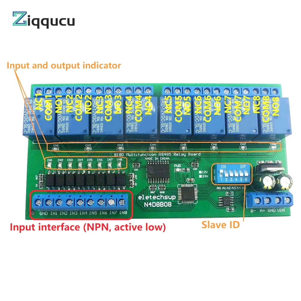 DC 12V 24V 8 Isolated Input & 8 Output DIN35 C45 Rail Box UART RS485 Relay Module Modbus RTU Control Switch Board