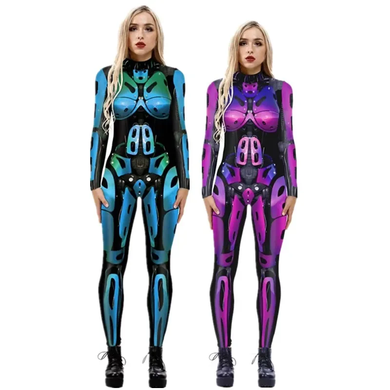 Halloween sexy Roboter Punk Skelett Cyberpunk Steampunk schlanke Overall Catsuit Cosplay Kostüme Zentai Frauen Bodysuit Kostüm