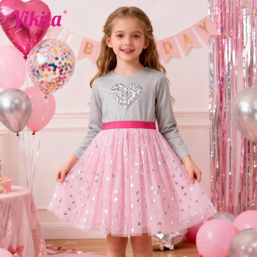 VIKITA New Children Clothes Girls Autumn Spring Long Sleeve Pink Dress Kids Heart Shape Mesh Tulle Princess Party Tutu Vestidos