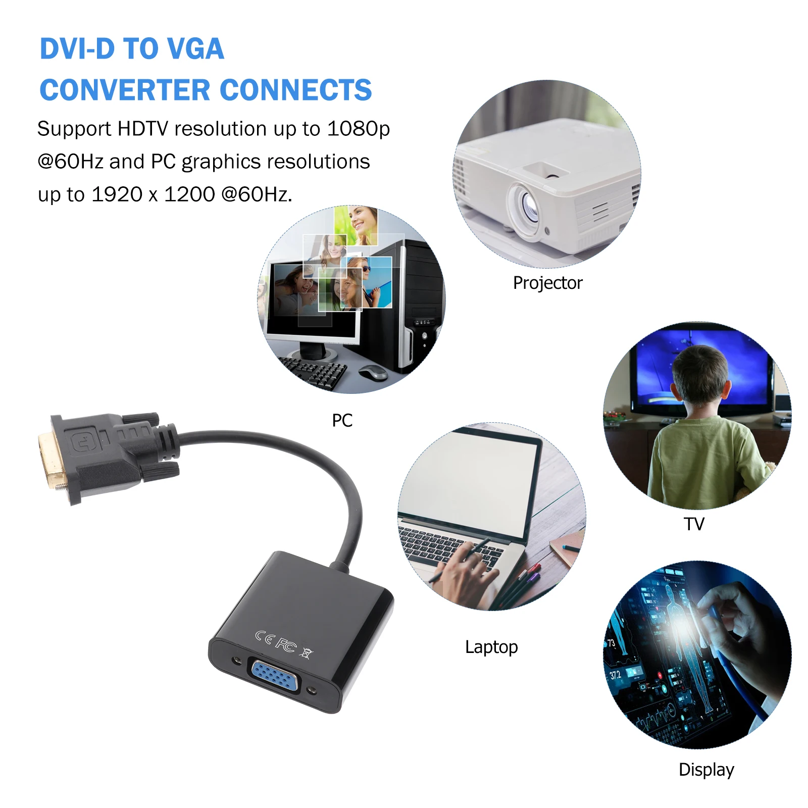 

DVI to Adapter Cable 1080P Support DVI D Converter for PC Monitor Conference Room Quad Shielded PVC Cable No Driver Required