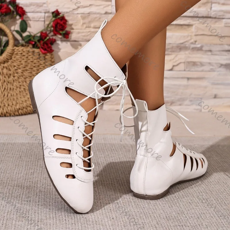 Pu Leather Gladiator Lace-Up Ankle Boots Hollow Out Flat Sandals Breathable Summer Casual Shoes Fashion Summer Boots 2026 New