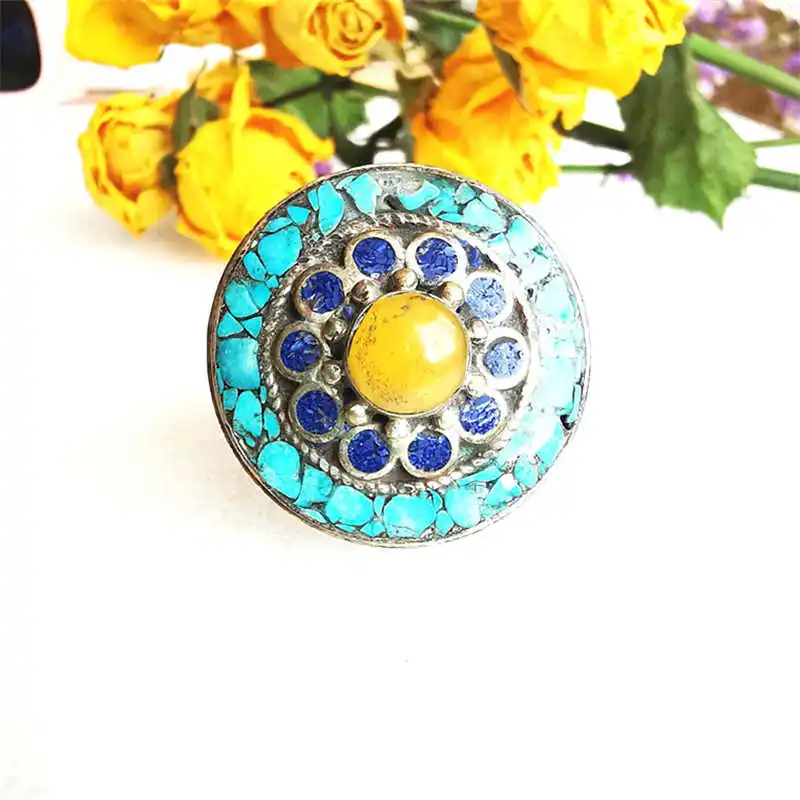 Nepal Vintage Rings for Man White Metal Copper inlaid Stone Big Flower Ring R223