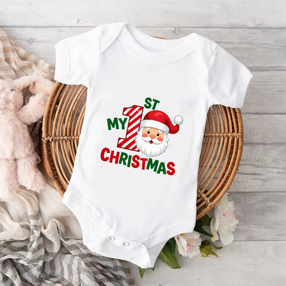 My 1st Christmas Baby Bodysuit Santa Claus Head Print Newborn Romper Short Sleeve Infant Jumpsuit Xmas Holiday Baby Shower Gift