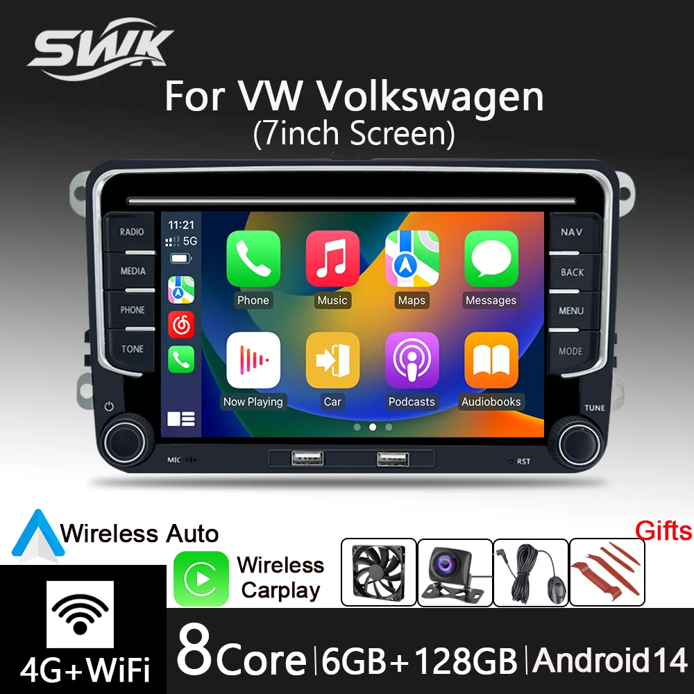 

Автомобильный мультимедийный плеер VW Volkswagen Android14, 7-дюймовый сенсорный экран, автомобильное умное радио, GPS-навигация, DSP, Wi-Fi, 4G, беспроводной Carplay