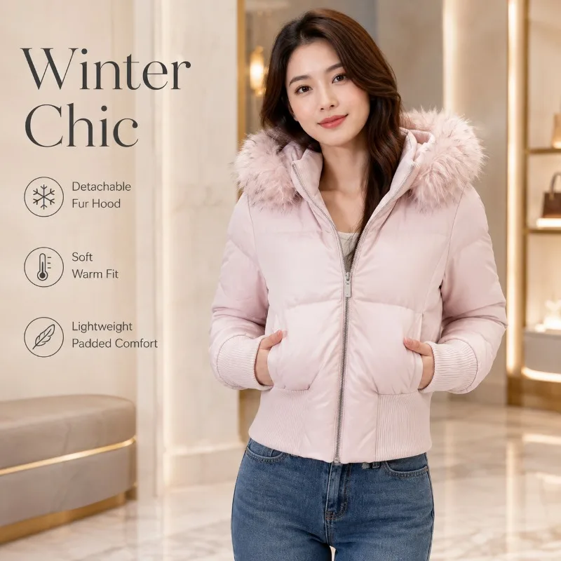 Women Short Puffer Jacket Detachable Faux Fur Hood Winter Coat Warm Padded Cropped Zip Up Jacket Ribbed Cuffs