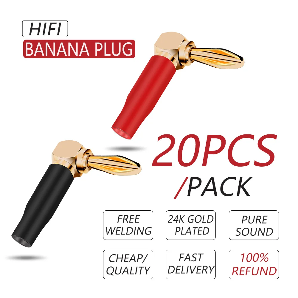 20PCS L-shaped Right Angle Banana Plug 90 Degree Banana Connectors Soft Plastic Shell 4mm Red Black for Audio Video Speaker