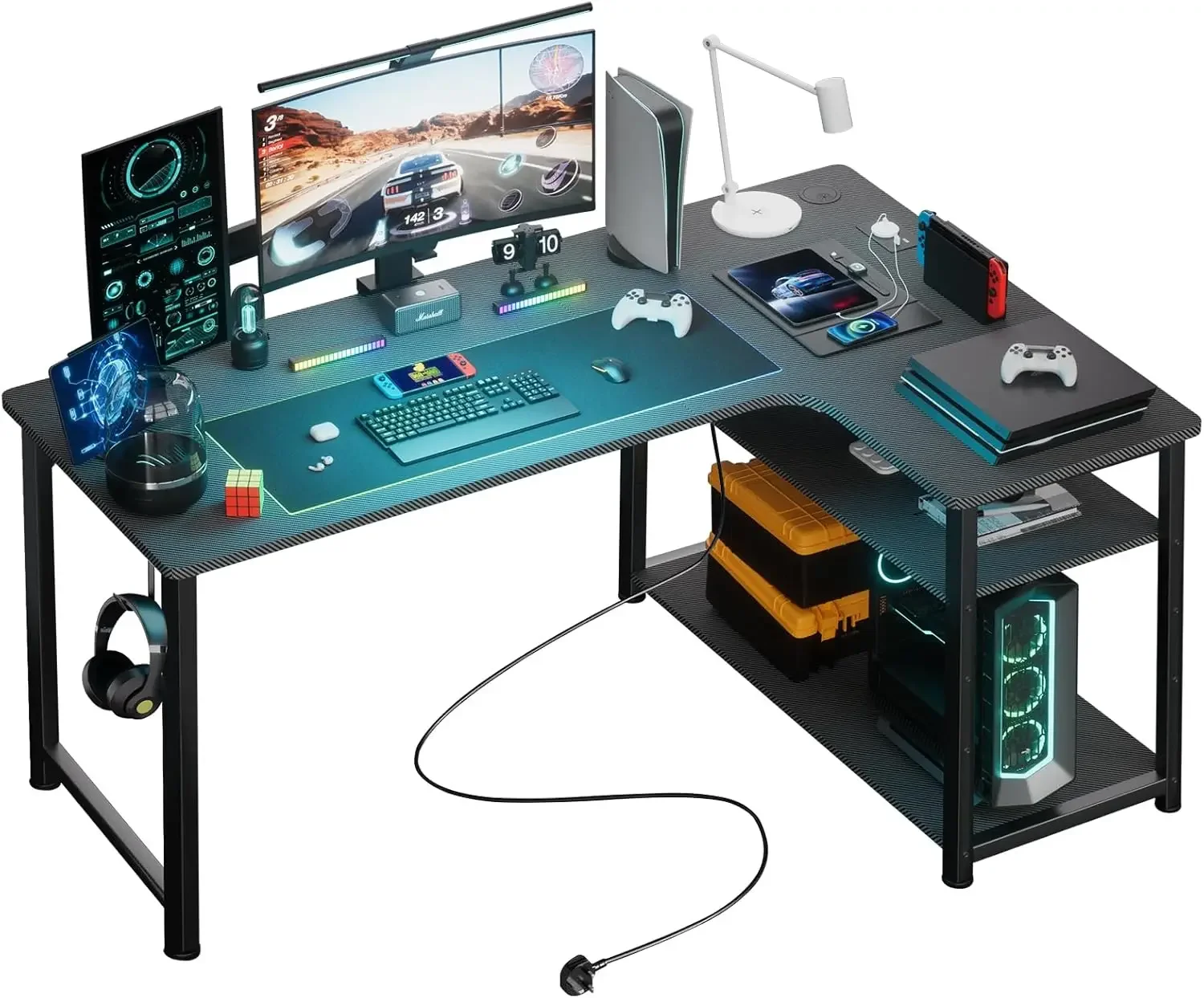 Schreibtisch Gaming Tisch mit Regal, Eckschreibtisch mit USB-Ladeanschluss und Steckdose, 120cm Computertisc