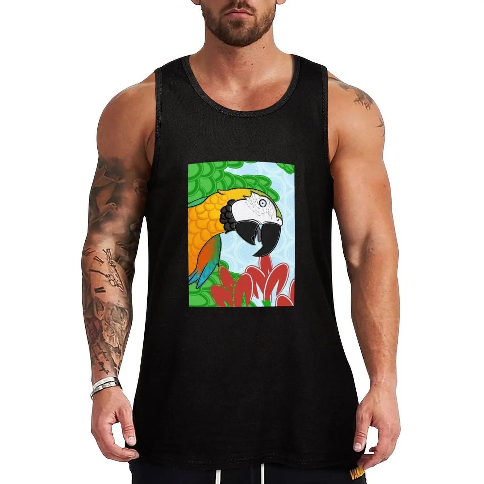 Alguém disse PÁSSAROS?! - Camiseta sem mangas Catalina Macaw com estampa engraçada e gráfico humorístico