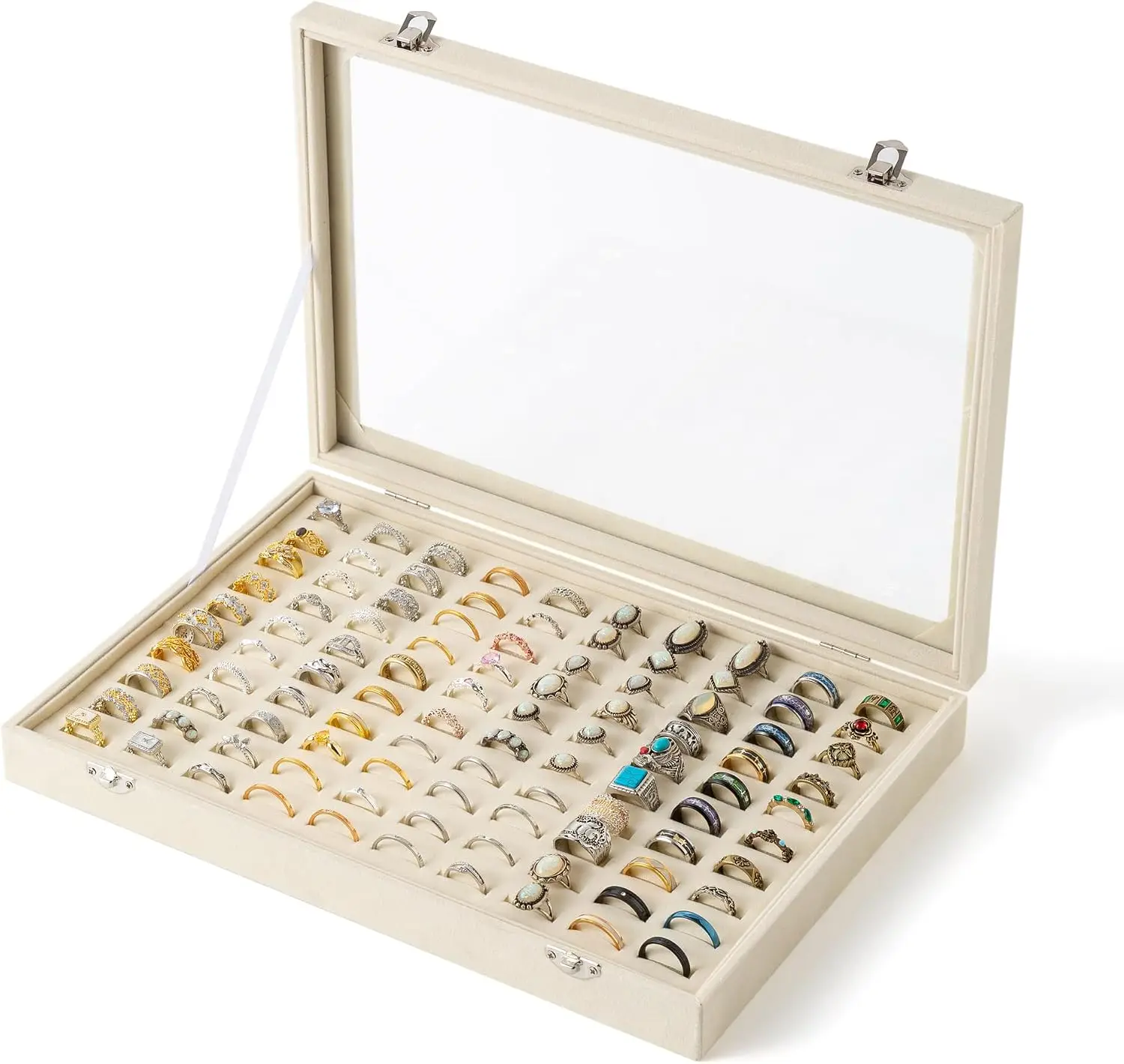 100 Slots Ring Organizer Tray,Velvet Ring Box with Clear Lid | Velvet Lining Provides Protection,Fits Rings of Various Sizes,Gla