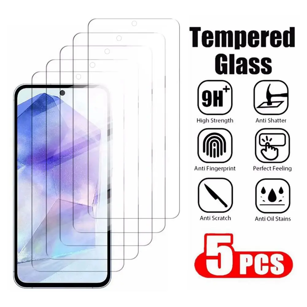 5Pcs Tempered Glass For Samsung Galaxy A55 A15 A25 A05S A53 A34 A24 A54 A14 HD Screen Protector Cover For Samsung A15 A55 Film