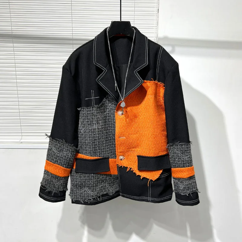 Dark Fashion Irregular Stitching Contrast Color Distressed Coat Men's High-Grade Ruffle Handsome Casual Suit Fashion
