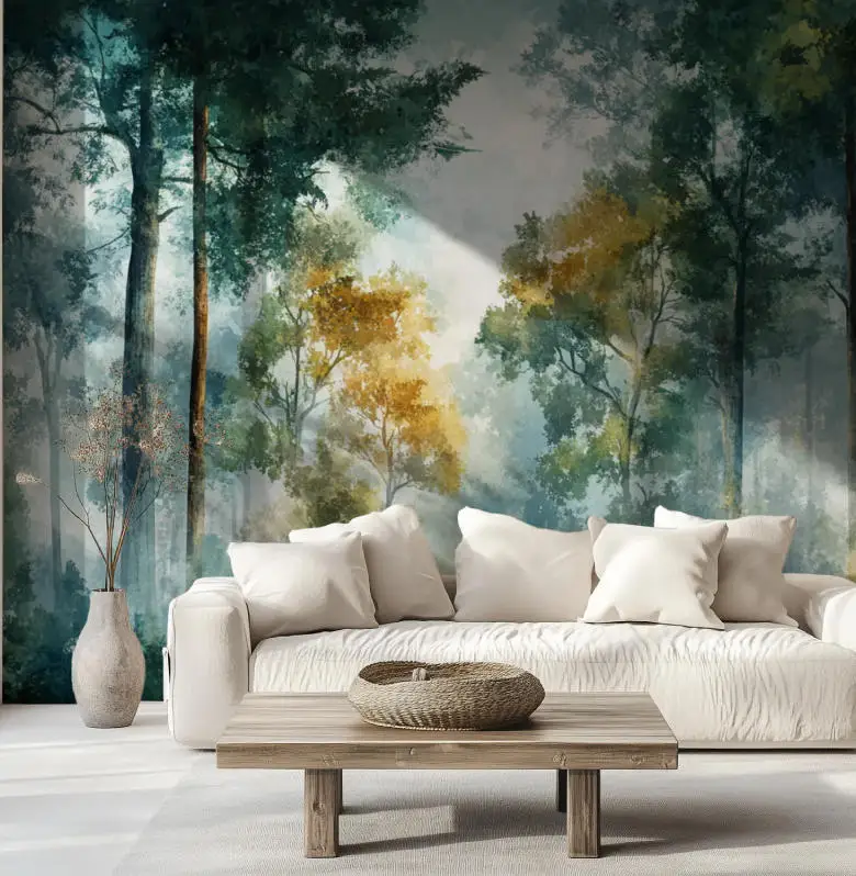 Customized Size Mural Green and Gold Tree Forest Wallpaper Dreamy Forest Decoration Painting Tree Hole mural 3d wallpaper