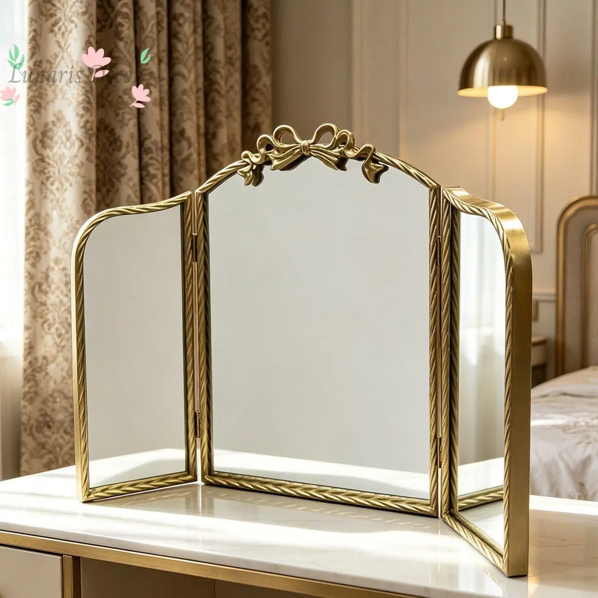 Mirror Three-sided Folding Desktop Makeup Mirror Bathroom Mirror French Light Luxury Wall Hanging Household Bedroom Makeup