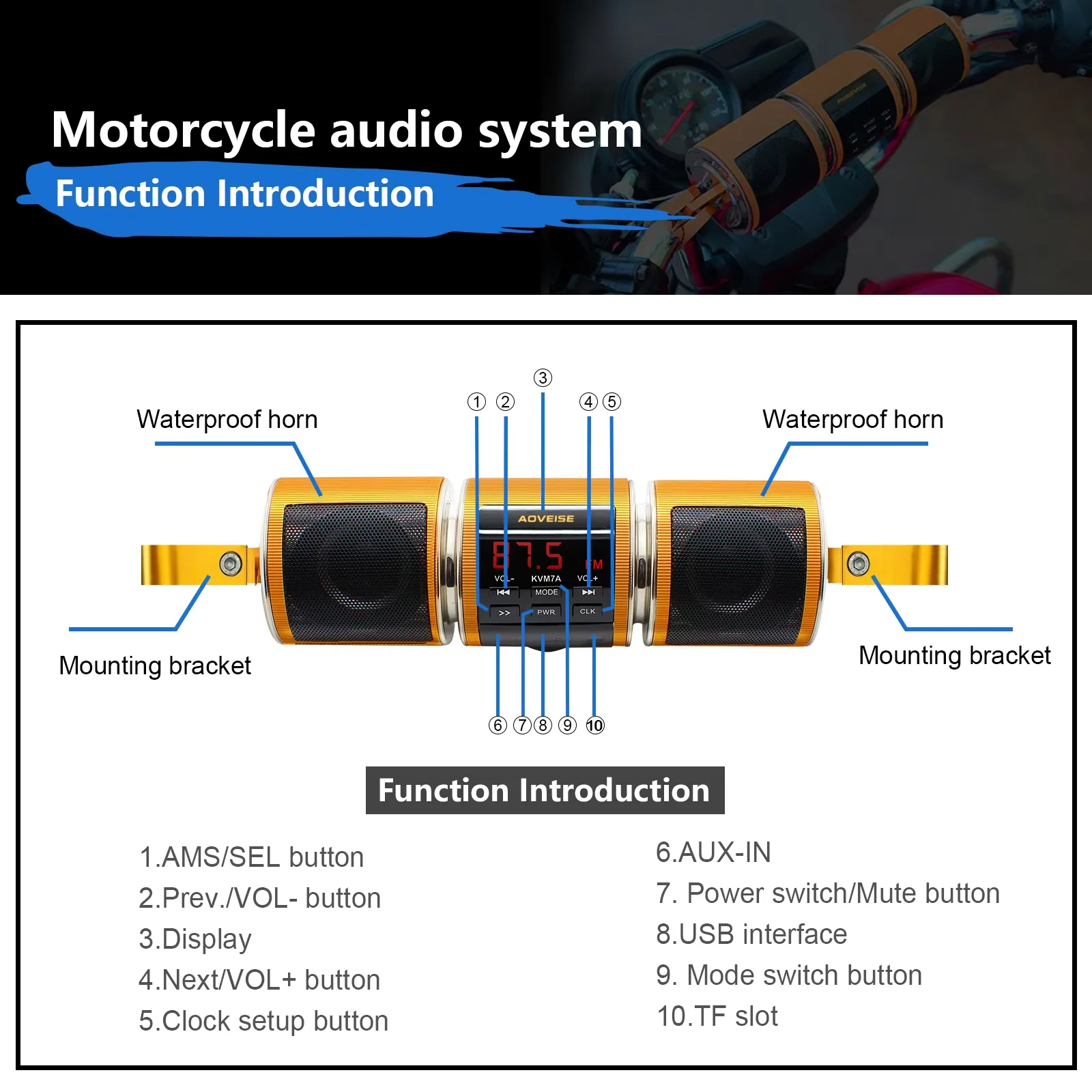 Motorcycle Bluetooth Stereo Speaker MP3 Amplifier USB FM Radio Audio Player Waterproof Speaker for Scooter Bicycle
