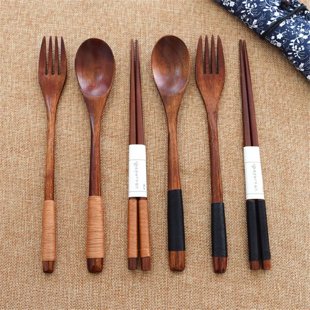 Travel Cutlery Set Handmade Spoon Fork Chopsticks Natural Wooden Cloth Bag