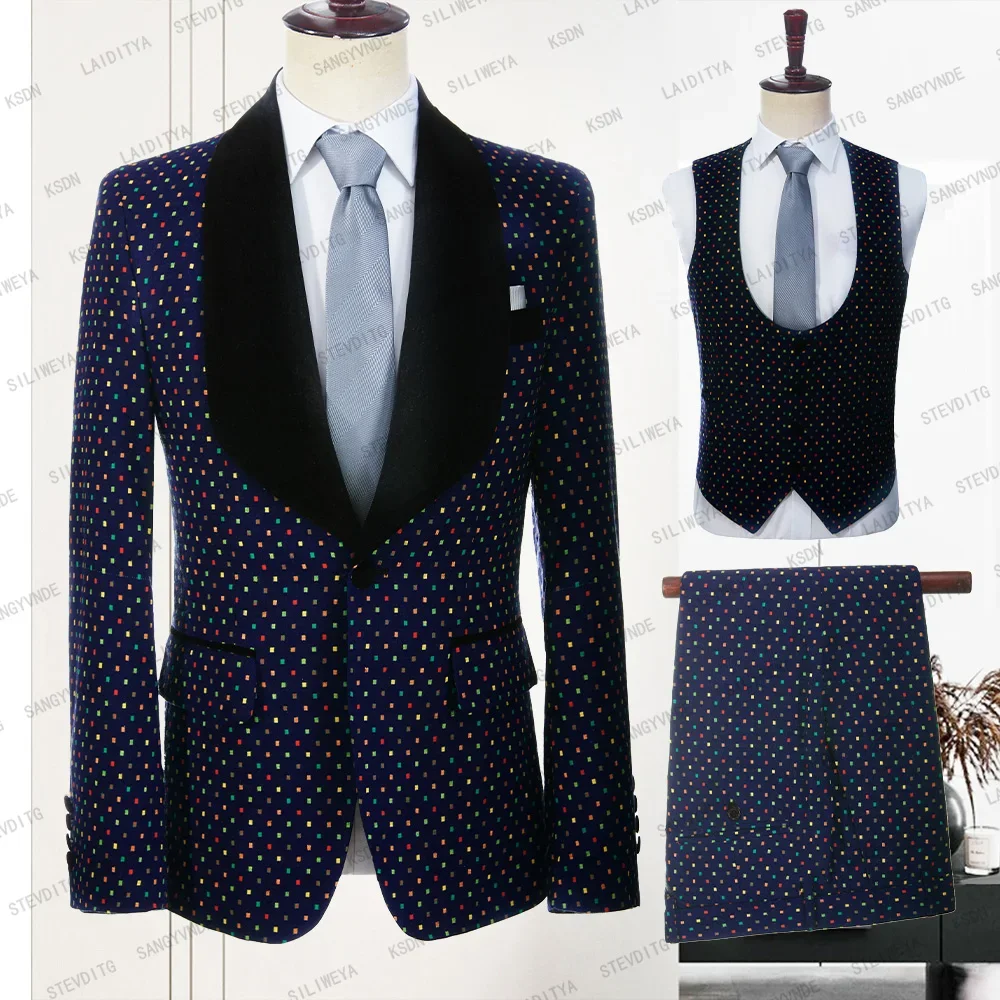 

2023 New Men Suits Summer Slim Fit Business Dark Blue Linen Black Lapel Colourful Check Groom Dress 3 Pcs Set（Jacket+Vest+Pants）