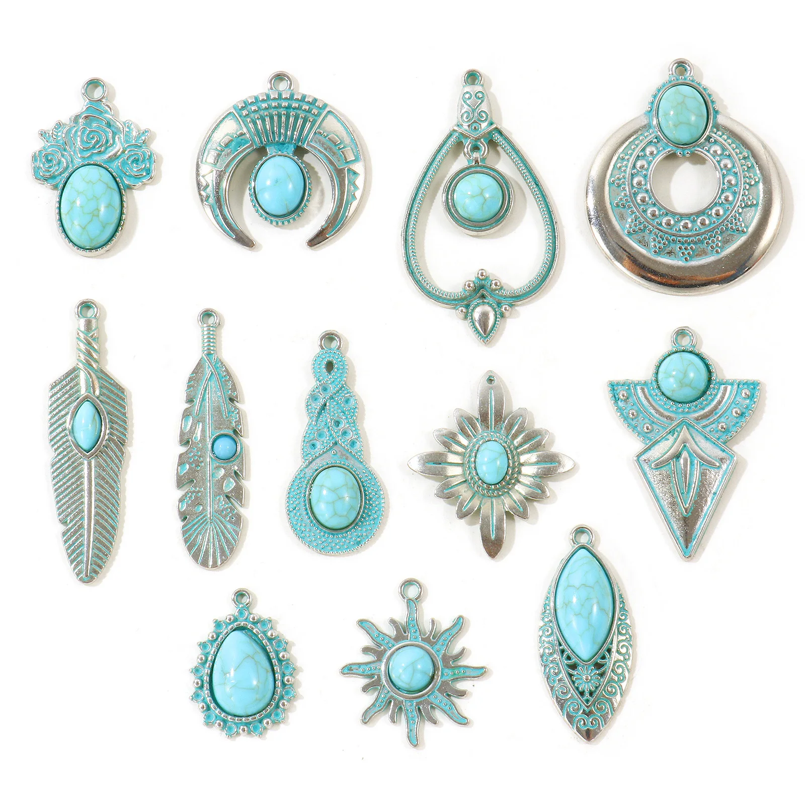 5pcs Bohemian Style Charms Geometric Antique Silver Color Green Blue Patina Imitation Turquoise Pendants DIY Necklace Jewerly