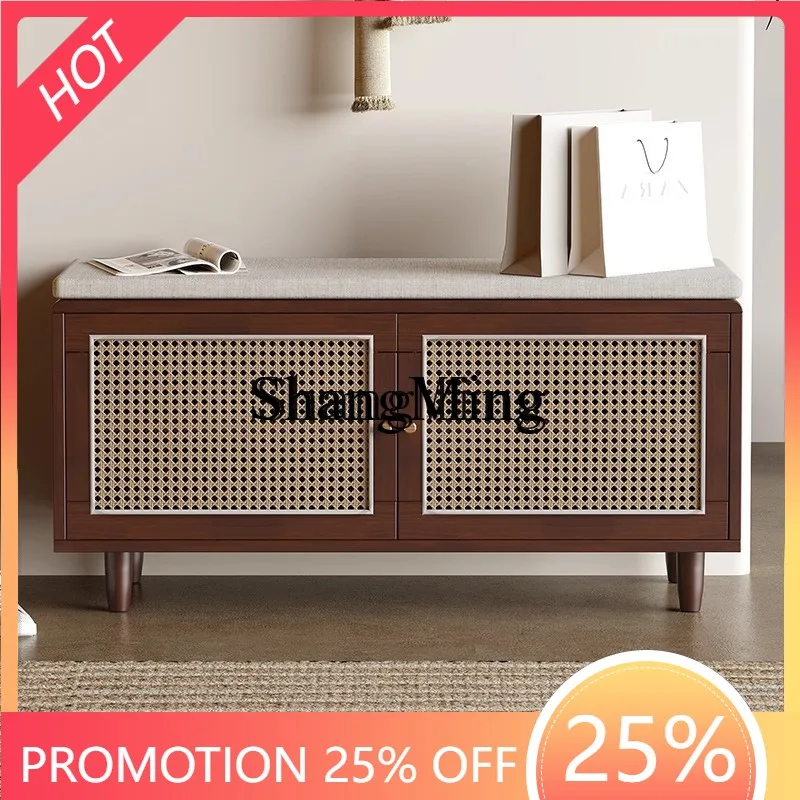 

SM wood shoe change stool household door rattan shoe cabinet integrated home bench seated shoe stool