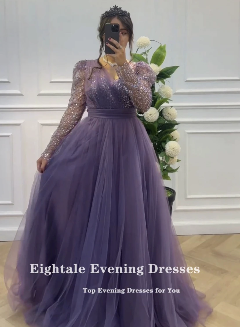 Eightale Luxury Evening Dresses Customized V-Neck Sequined A-Line Purple Tulle Prom Gown for Wedding Party robes de soirée