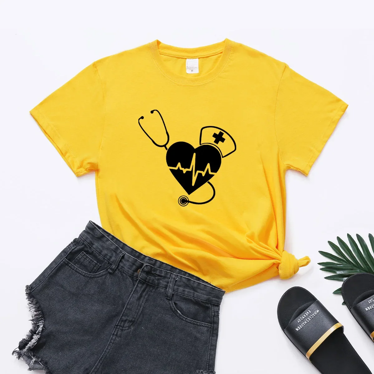 Print T Shirt Nurse Stethoscope Heartbeat Women Short Sleeve Tee O Neck Loose T-shirt Women Tops Camisetas Mujer Shirt