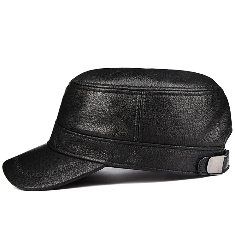 Retro Goatskin Leather Military Cap Men Solid Black Flat Top Short Brim Adjustable Buckle Outdoor Travel Headwear