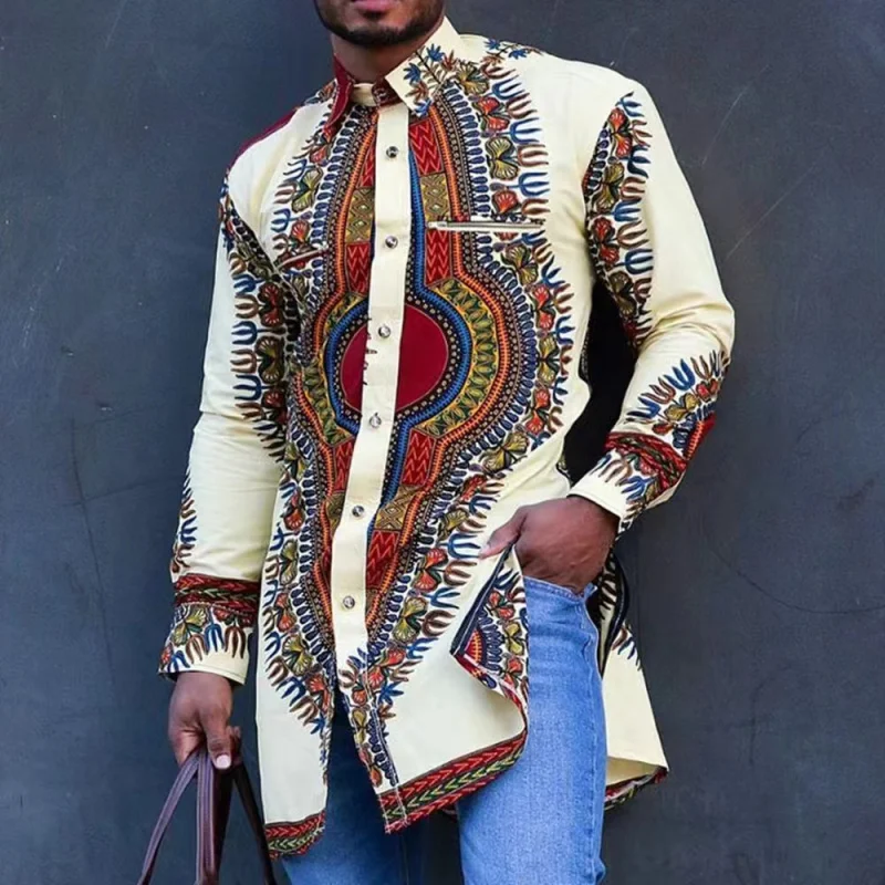 Special Offer Low Price Hot Selling Ethnic Men's Long-Sleeved Shirt Bottom Slit Mid-Length African Printed plus Size Men's Shirt