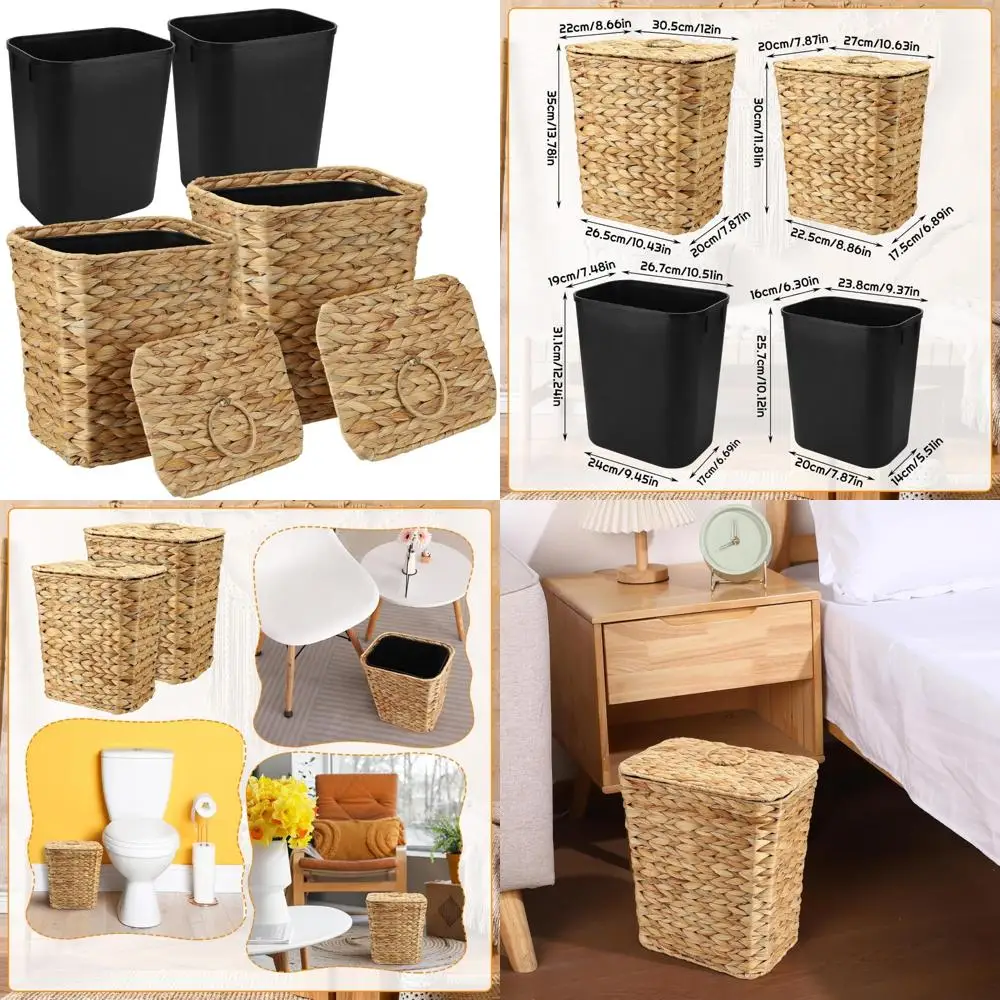 

Large Wicker Trash Cans with Lids and Removable Liners for Home, Office, and Kitchen - Eco-Friendly Waste Baskets