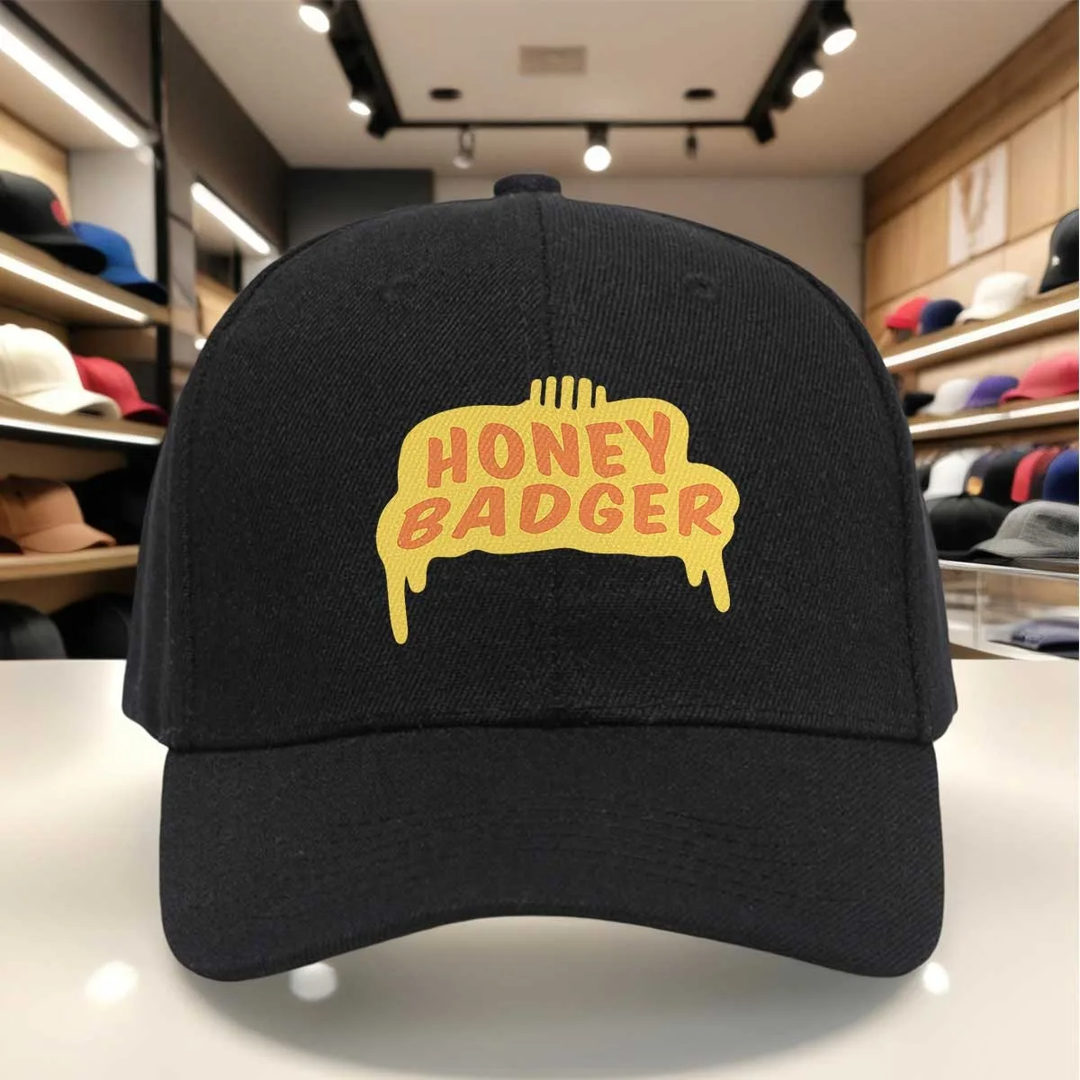 Honey Badger Baseball Cap with Bold Orange Lettering & Mustard/Yellow, Adjustable Hook-and-Loop Cap Suitable for,, Graduation, M