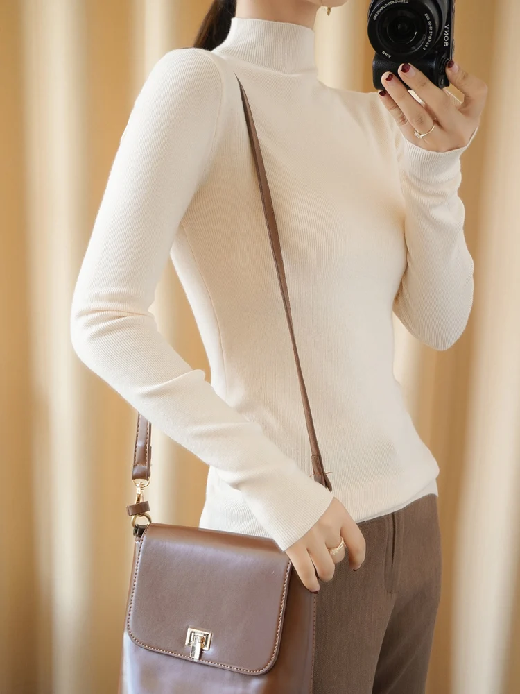 

Женский вязаный шерстяной свитер с высоким воротником, длинными рукавами, облегающий, повседневный, базовый слой, однотонный