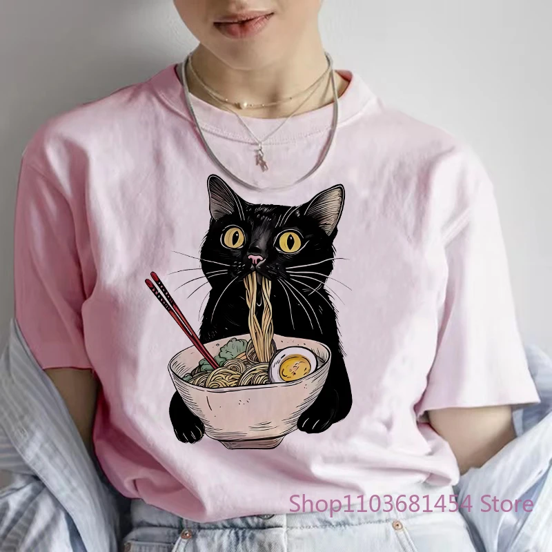 Female Noodle Ramen Cat T Shirt Foodie Lover T Shirts Black Cat T-Shirts Retro Casual Short Sleeve Tshirt Women Clothes