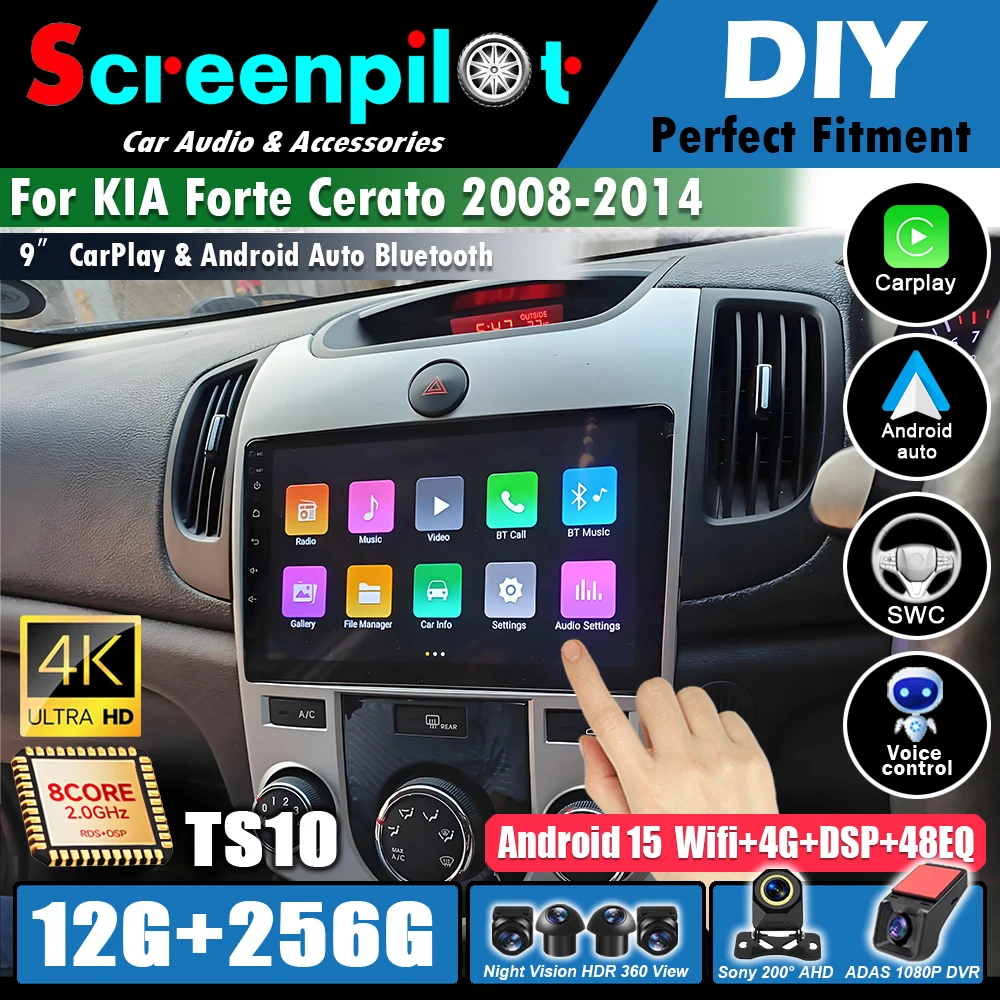 Radio Estéreo para Auto con Android 16 para KIA Forte Cerato 2008-2014, Reproductor Multimedia de Video, Carplay, Navegación GPS, Unidad Principal con DVD, Bluetooth