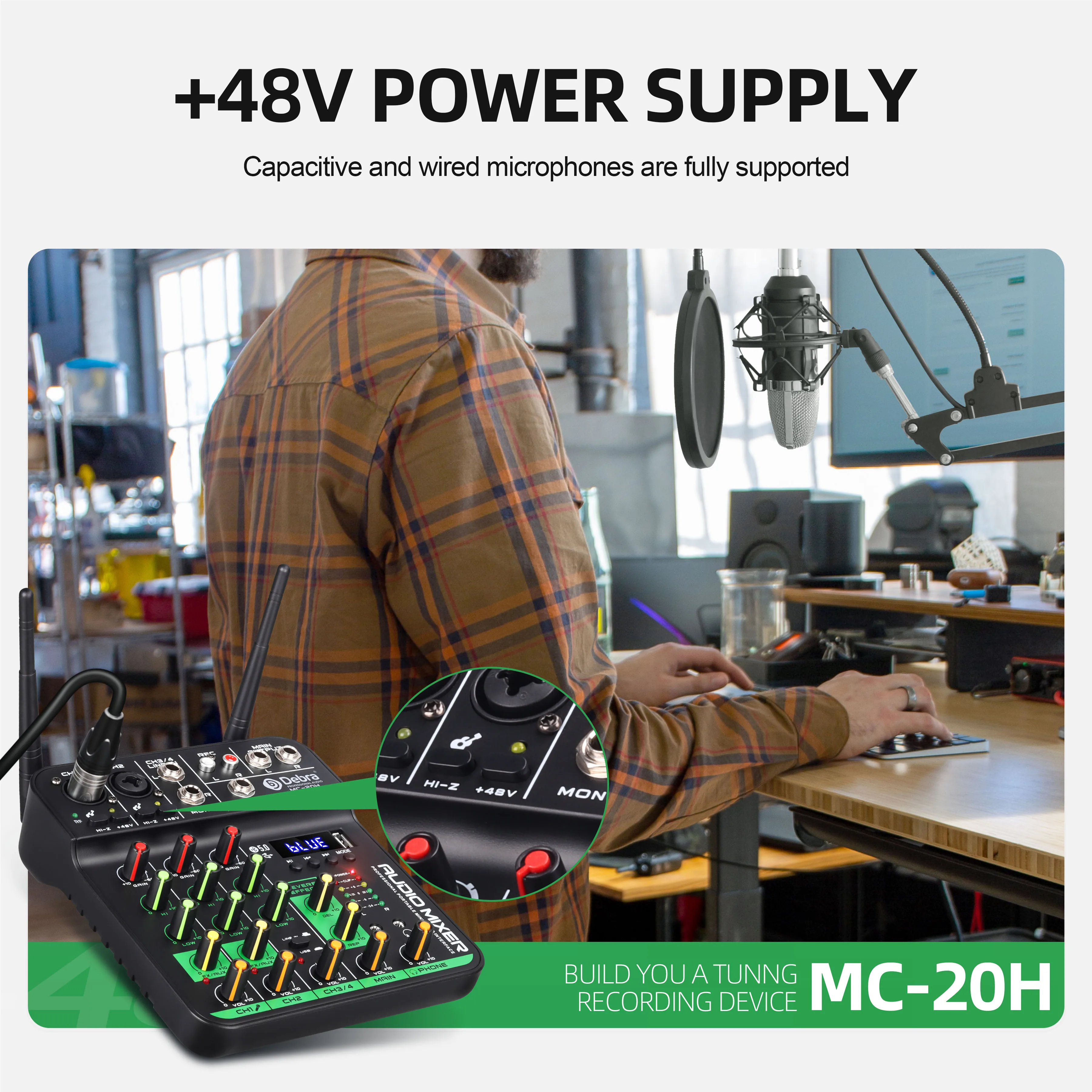 جهاز مزج الصوت MC-20H UHF ذو 4 قنوات مع 2 ميكروفونات لاسلكية، وحدة تحكم خلط تأثيرات تأخير USB (تسجيل الكمبيوتر)