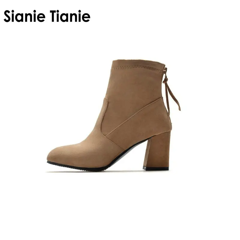Sianie Tianie solid block high heel woman boots fashion zipper faux suede winter women shoes ladies ankle boots plus size 44 45