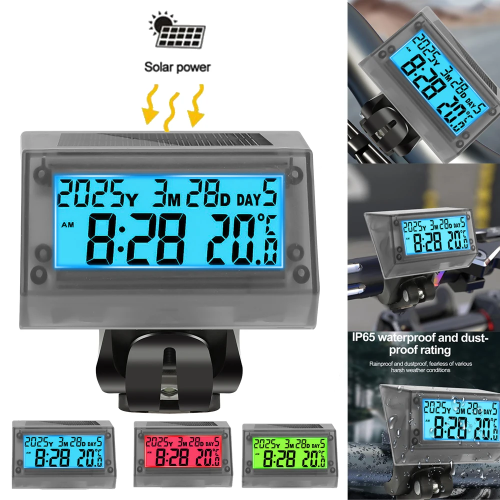 Zegar motocyklowy zasilany energią słoneczną Wyświetlacz LCD Podświetlany Elektroniczny termometr Zegar samochodowy Data Godzina Wodoodporne akcesoria motocyklowe