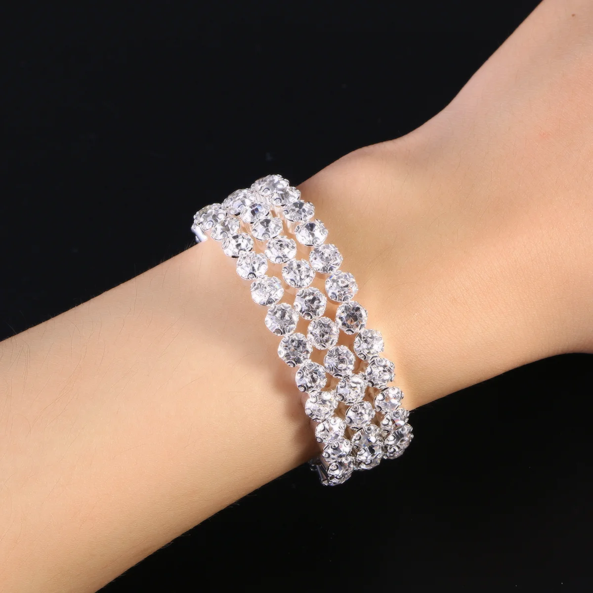 

Silver Rhinestone Studded Bracelet Unique Three Layer Open Cuff Design Women's Shining Accessory for Special Occasions