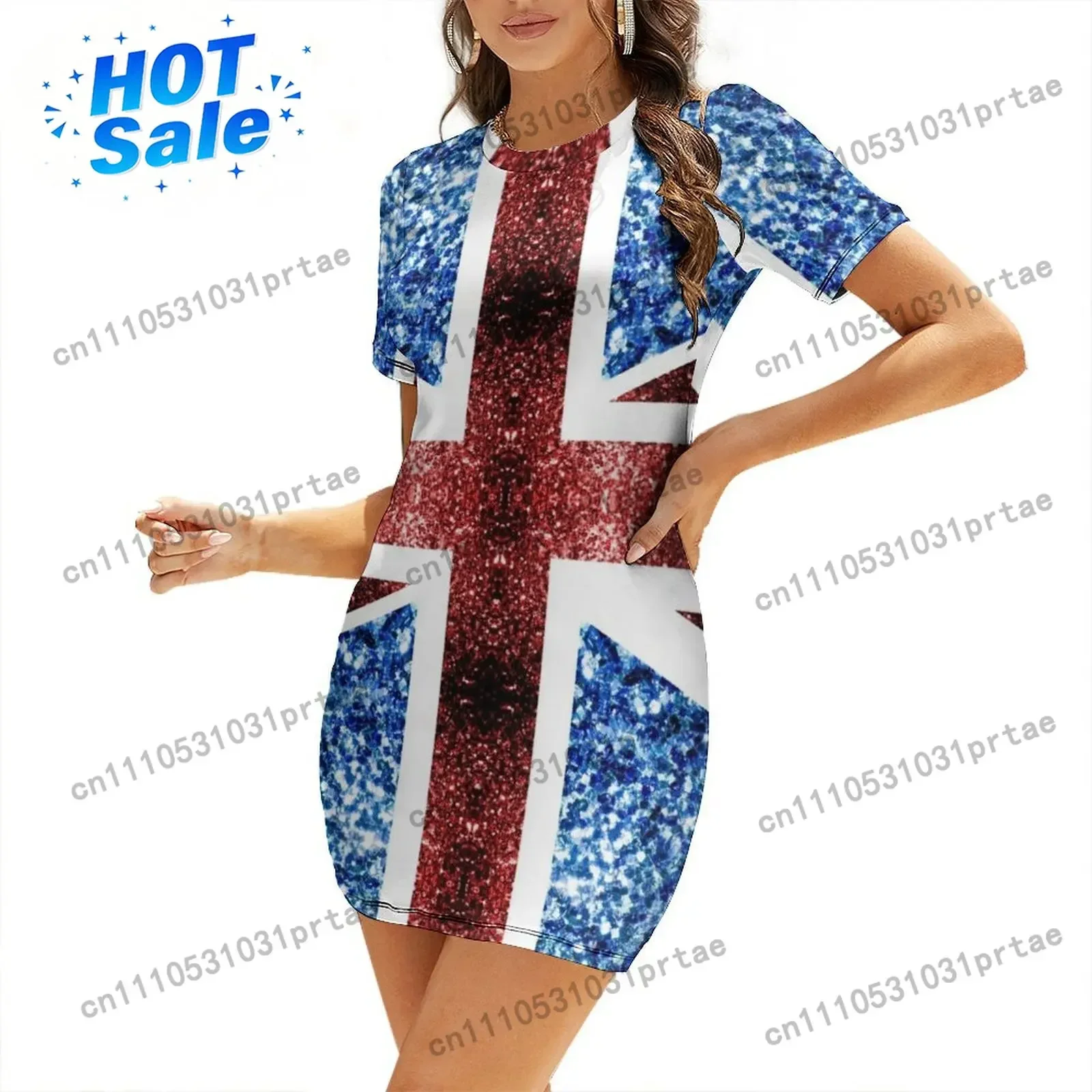United Kingdom UK flag blue red faux sparkles British Union Jack (Photo of Glitter - Not Reflective) Short Sleeved Dress view 2