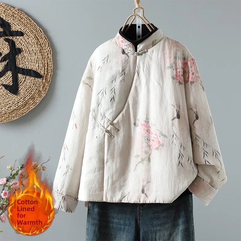 

Retro Cotton Jaet Lightweight Printed Stand Collar Button up Warm Winter Outerwear Women's Loose Fit Long Sve Coat