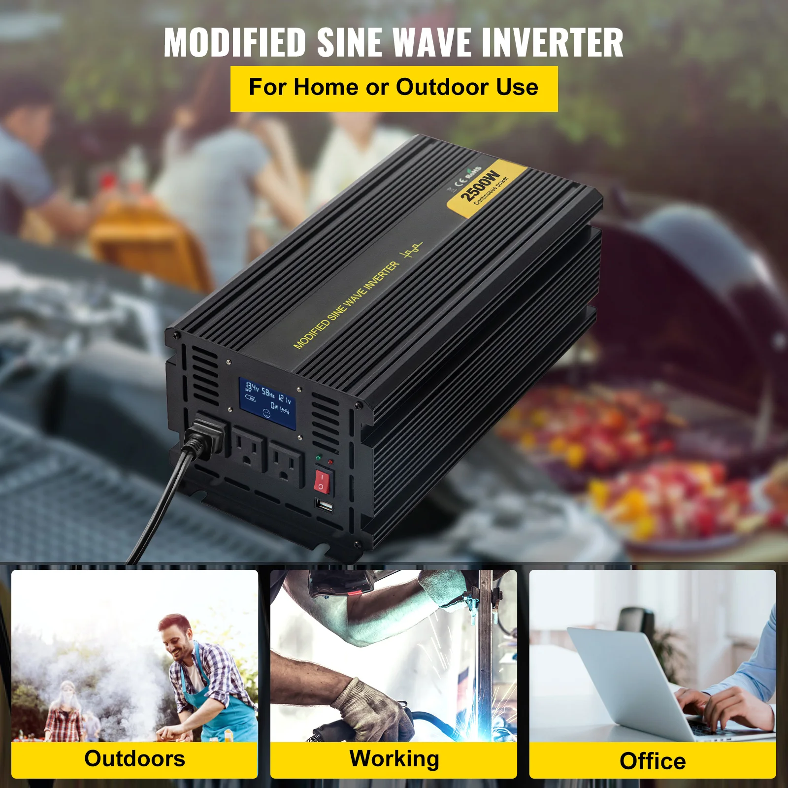 SucceBuy 2500W Modified Sine Wave Inverter DC12V to AC120V LCD Display+Remote Controller+LED Indicator AC Outlets Car Converter