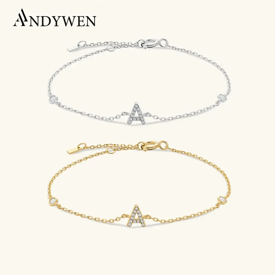 Pulsera de Plata de Ley 925 con Iniciales de 26 Letras del Alfabeto, Monograma con Nombre en Oro, Cristal CZ Zircon, Joyería de Moda 2021