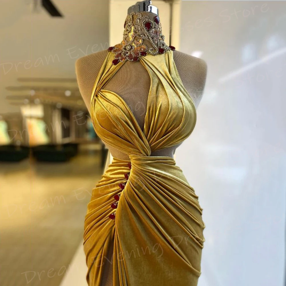 Charming Yellow Women's Mermaid Graceful Evening Dresses New High Neck Beaded Prom Gowns Sleeveless Side Split Vestido De Noche