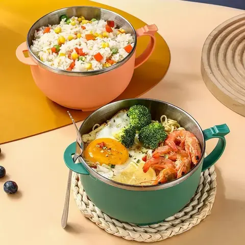 1 st. snabbnudelskål i rostfritt stål med lock och handtag, värmeisolering och skållningsskydd, stor kapacitet 10 best sales skål i rostfritt stål med lock - №8