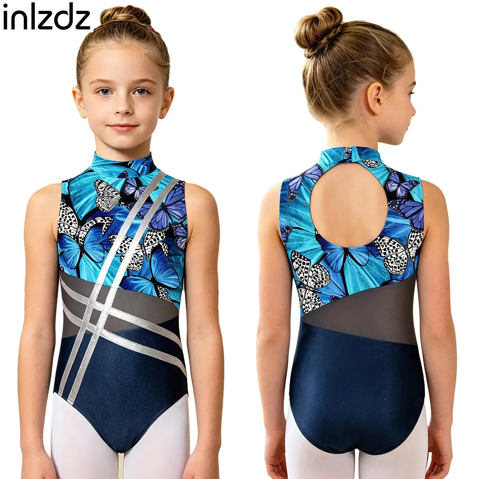 

Kids Girls Sleeveless Gymnastics Dance Leotard Back Cutout Patchwork Printed Bodysuit Lyrical Artistic Ballet Latin Dance Outfit