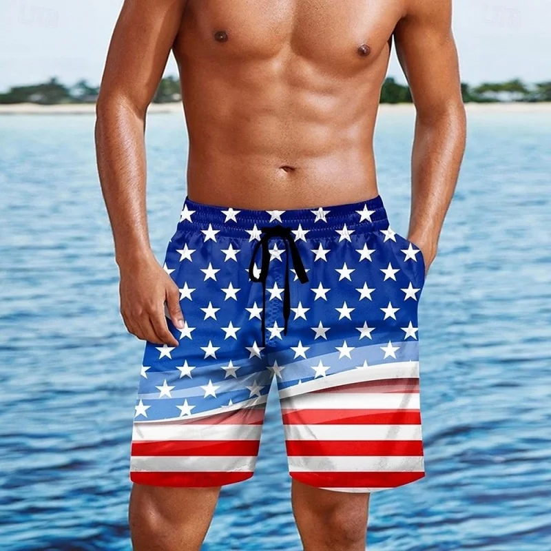 

Короткие брюки с 3D принтом американского флага для мужчин, плавки со звездами в полоску, повседневные купальники, пляжные шорты, спортивные шорты для серфинга