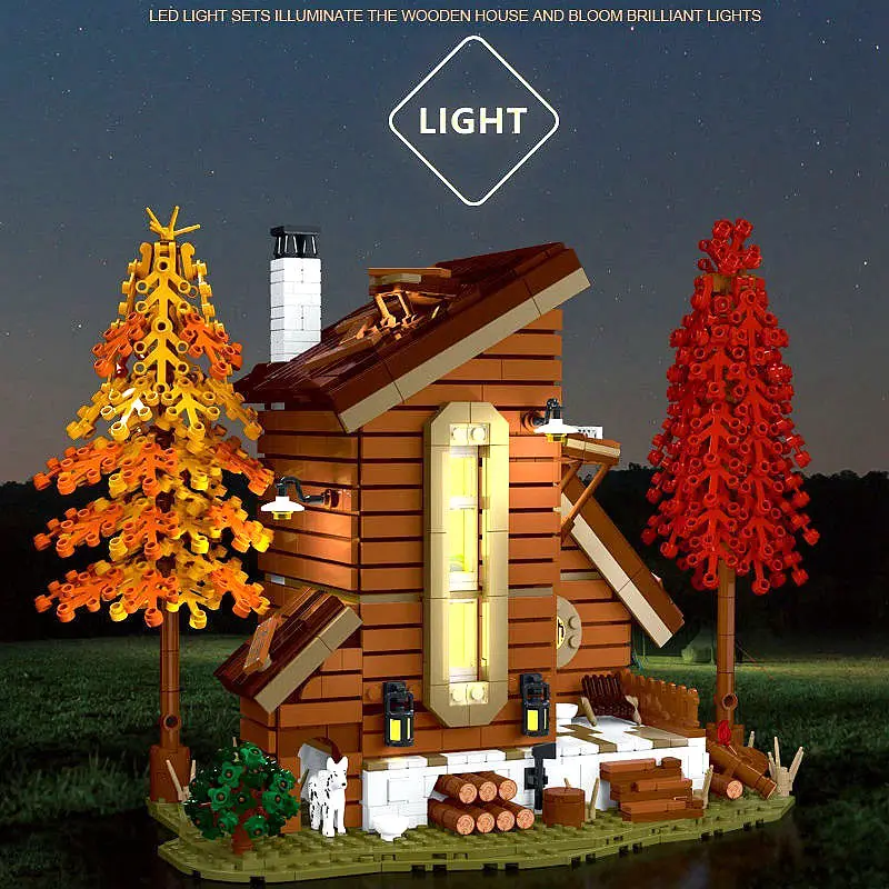 Street View Forest Cabin Building Blocks City Log Forest Villa House Brick Model Creative Expert Toys For Children Gift With LED