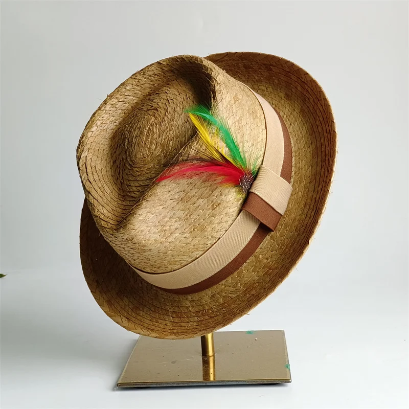 Men's 100% Palm Leaf Straw Summer Hat Feather Bungee Cord Accessories Women's Brim Wide Brim Sun Hat Straw Hat sombrero hombre
