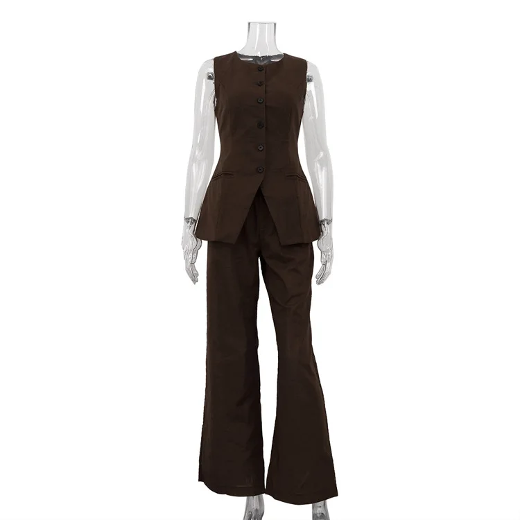 Casual Sle Damen Weste und Hose Set rund Ne Svel Lose weites Bein Lange Hosen Pendeln Zweiteiliges Sommeroutfit